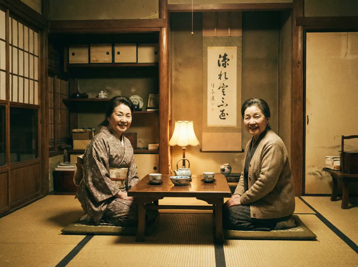 两位优雅的 球速体育平台 在日式茶室中品茶交谈